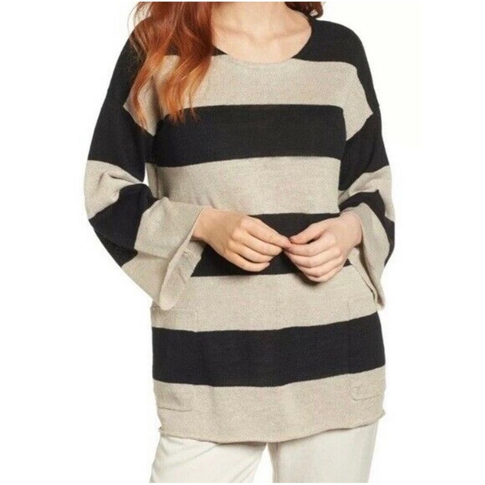 EILEEN FISHER 100% ORGANIC LINEN Sweater Top Black Beige Striped Oversized Large